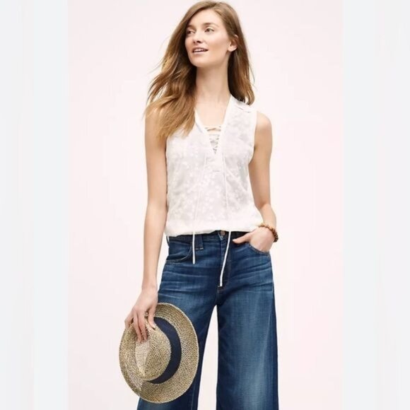 Anthropologie Maeve embroidered White Floral Lace Up sleeve less top 12 - Picture 8 of 11
